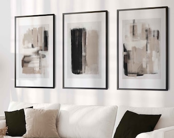 Neutral Modern Abstract Gallery Wall Art Set of 3 Abstract Nordic Wall Art Simple Modern Art Paint Brush Strokes Beige Black Abstract Prints