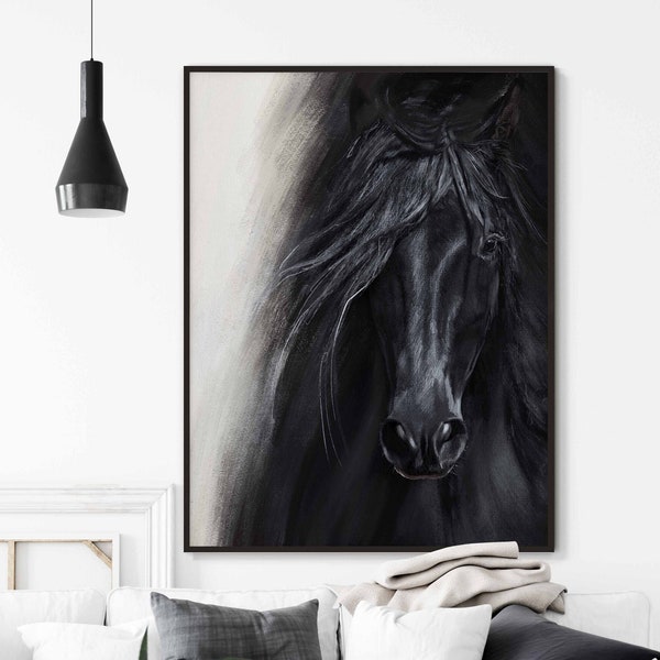 Cheval noir peinture cheval dessin cheval noir impression d’Art cheval noir impression Animal grand mur Art cheval Portrait imprimable grand Art mural