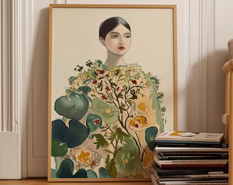 Floral Female Abstract Art Print: Beige & Green (Digital Download)