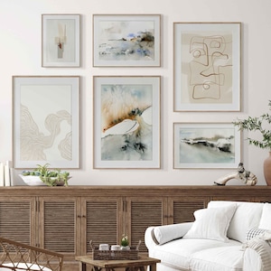 Modern Abstract Neutral Gallery Wall Art Set of 6 Nordic Prints Contemporary Minimal Abstract Watercolor Landscape Simple Abstract Art