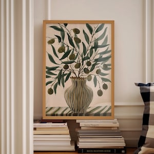 Abstrakte Keramik Kunstdruck, Scandi moderne Olivenzweigvase, herunterladbare Vase Wandkunst Boho Vasendruck Botanische Kunstdruck Blumenglasdruck