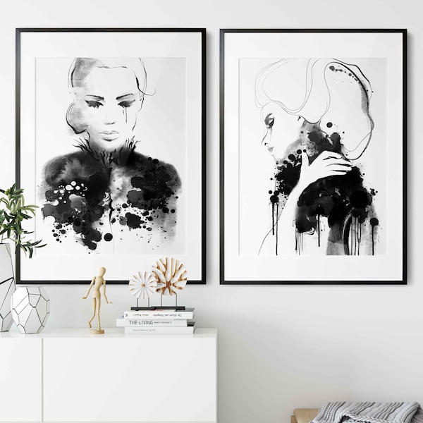 Vogue Wall Art Acuarela Sketch Set of 2 Female Face Art Fashion Sketch Modern Line Drawing Abstract Sketch Glam Wall Art Vanity Wall Art