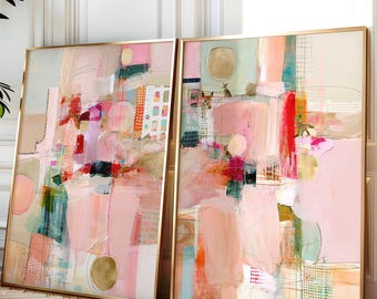Juego de 2 láminas de collage abstracto, díptico de arte mural geométrico (sin marco)