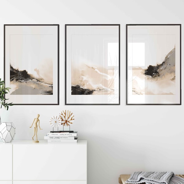 Modern Neutral Beige Black Abstract Gallery Wall Art Set of 3 Neutral Nordic Prints Simple Abstract Art Modern Abstract Art