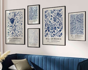 Lot de 5 gravures d'exposition William Morris : bleu botanique Art nouveau (téléchargement numérique)