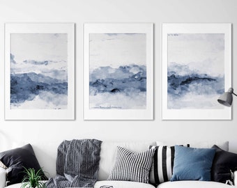 Navy Blue Watercolor Gallery Wall Art Set of 3 Prints Nordic Prints Simple Abstract Art Indigo Watercolor Abstract Nordic Wall Art