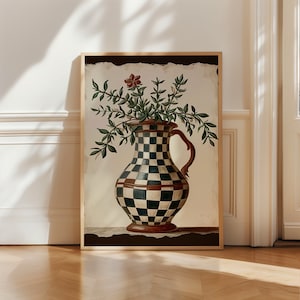 Impresión de arte de cerámica abstracta, jarrón escandinavo moderno a cuadros, arte de pared de jarrón descargable, impresión de jarrón bohemio, impresión de arte botánico, impresión de tarro de flores