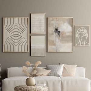 Abstract Beige Eclectic Gallery Wall Set of 5 Prints Gallery Wall Art Set Nordic Prints Simple Abstract Art Contemporary Art Eclectic Decor