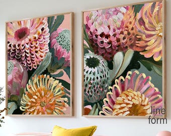 Juego de 2 láminas con estampado de proteas coloridas, arte mural floral australiano