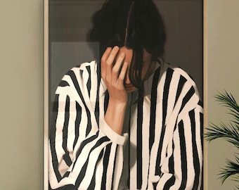 Lámina artística moderna con retrato figurativo de mujer, cuadro de pared a rayas blancas y negras.