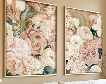 Set of 2 Vintage Floral Art Prints, Warm Peony Wall Art Diptych