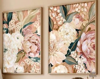 Set of 2 Soft Blush Peony Wall Art, Modern Floral Print Diptych