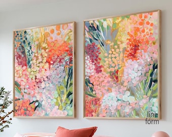 Juego de 2 láminas abstractas con estampado floral rosa, estampados daneses en tonos pastel.