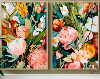 Juego de 2 láminas de arte floral abstracto y colorido, díptico botánico vibrante