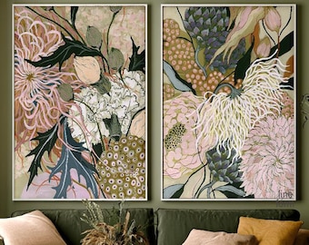 Modern Floral Wall Art Set of 2 in Sage Green & Blush Pink