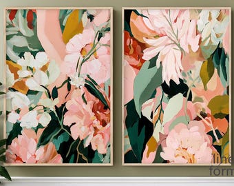 Juego de 2 láminas de arte floral en tonos pastel suaves, díptico de pintura botánica rosa rubor