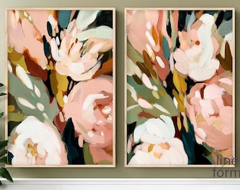 Juego de 2 láminas con estampado floral abstracto, arte de pared con flores en tonos pastel.