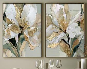 Sage Green Wall Art Set of 2 - Abstract Gold Floral Painting Prints