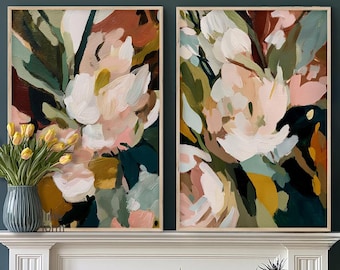 Juego de 2 pinturas botánicas, díptico rosa rubor y verde oliva