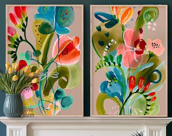 Set of 2 Abstract Watercolor Floral Prints, Botanical Diptych
