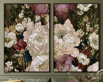 Dark Botanical Wall Art Set of 2 - Moody Floral Chinoiserie Print