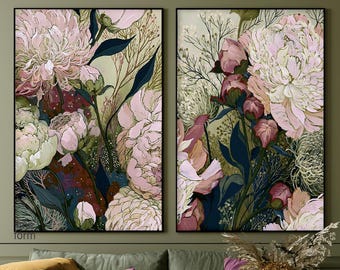 Moody Peony Diptych Art Prints Set of 2 - Pink and Green Floral Wall Art