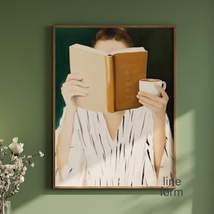 Arte della donna che legge, arte astratta delle persone, arte astratta femminile che legge libri e caffè, arte murale per amanti dei libri, stampe eclettiche astratte