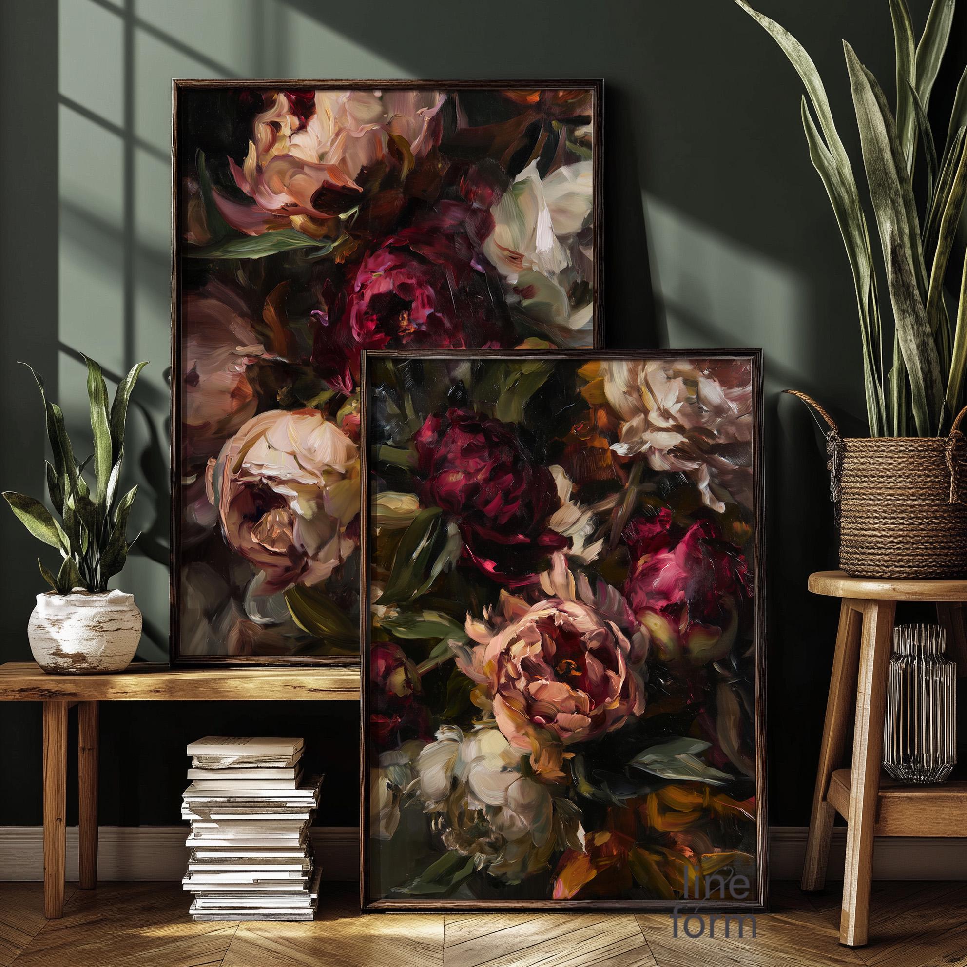 Moody Dark Peony Wall Art Set of 2: Floral Oil Painting Prints - Etsy