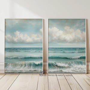Conjunto de 2 piezas de paisaje oceánico, conjunto de paisaje de playa, conjunto de impresión oceánica, pintura oceánica sobre la cama, impresión de paisaje marino, arte de pared, conjunto de póster grande