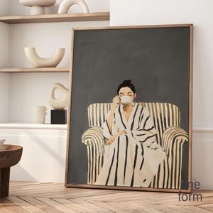Mujer tomando café, impresión de café por la mañana, arte abstracto neutro de personas, pintura abstracta femenina, arte figurativo, impresiones eclécticas abstractas