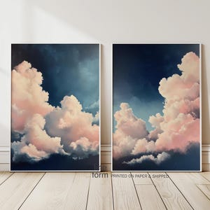 Set di 2 stampe di nuvole, decorazione da parete con nuvole blu navy e rosa, arte astratta con nuvole, decorazione da parete con nuvole sopra il letto, cielo