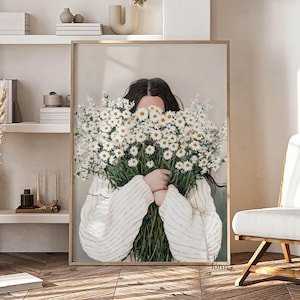 Donna con bouquet di margherite dipinto a olio, arte astratta di persone, pittura astratta femminile Japandi, ritratto femminile arte stampa artistica margherita
