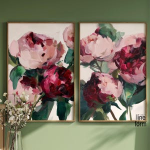Set di 2 stampe artistiche di peonie, stampa murale di peonie, stampa floreale di peonie, arte di fiori rosa, decorazione murale di fiori con arte floreale astratta