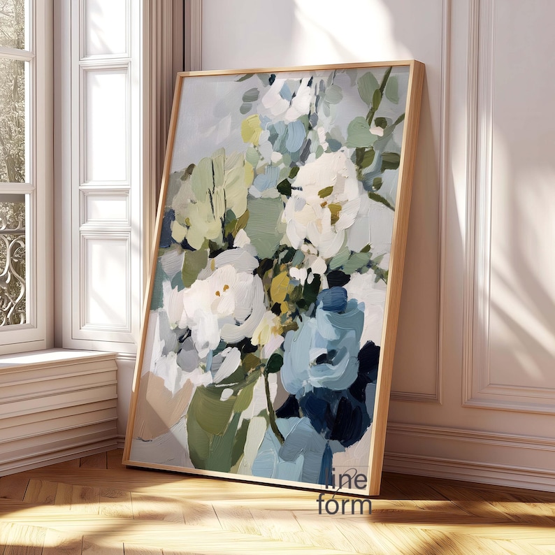 Light Blue Botanical Wall Art Set of 2: Abstract Flower Paintings in ...