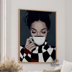 Woman With Coffee Print: Abstract Portrait Art, Maximalist Wall Decor