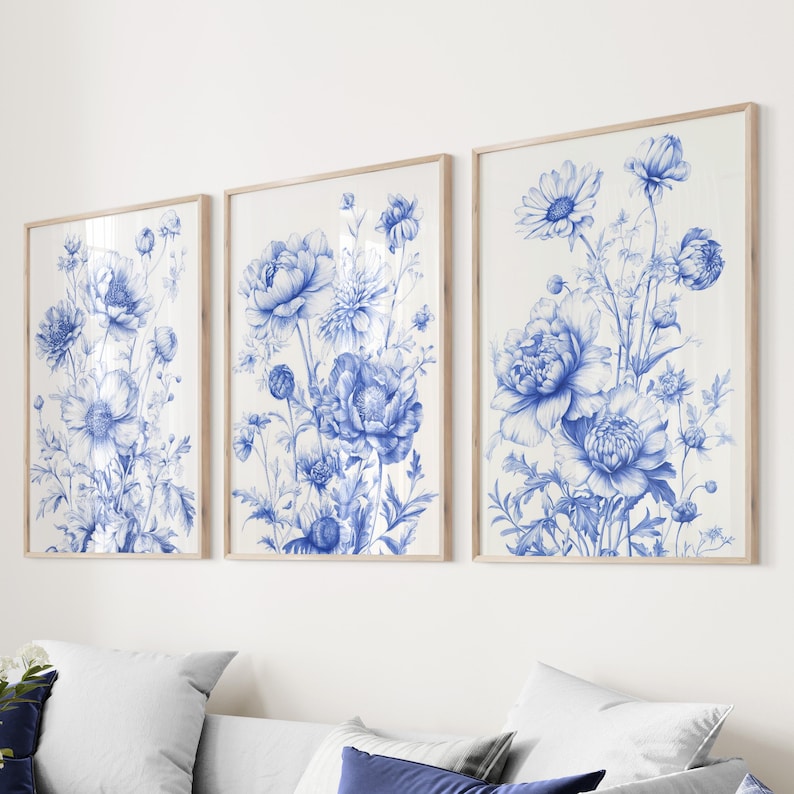 Blue Floral Chinoiserie Wall Art Set of 3: Botanical Print Set - Etsy