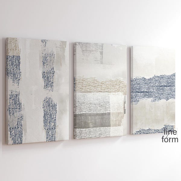 Abstract Nordic Wall Art Set of 3: Navy Blue Beige Prints (Digital Download)