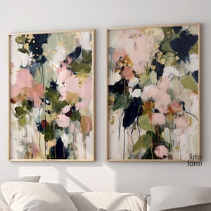 Set astratto di 2 pezzi, arte murale verde cipria, forme moderne, arte murale, colori pastello, arte astratta moderna, design floreale moderno