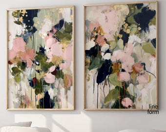 Abstract Floral Wall Art Set of 2: Blush Pink & Green Prints