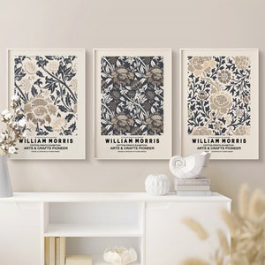 William Morris Set of 3 Posters, William Morris Exhibition Poster, Beige Botanical Museum Print, William Morris Print, Art Nouveau Poster