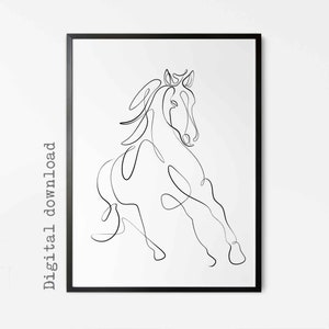 May include: A black and white line drawing of a horse in a running pose. The horse is drawn in a single continuous line.