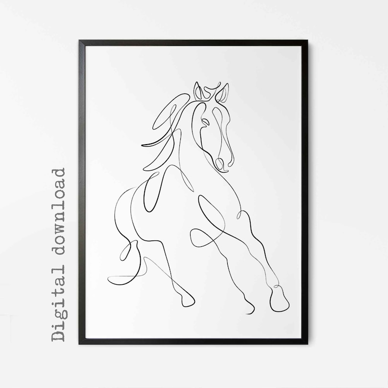 May include: A black and white line drawing of a horse in a running pose. The horse is drawn in a single continuous line.
