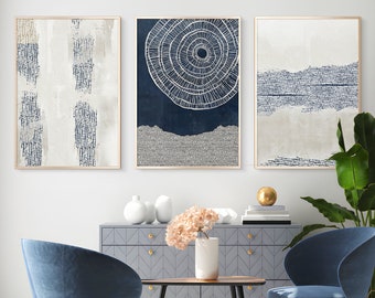 Abstract Wall Art Set of 3: Navy Blue Beige Nordic Prints