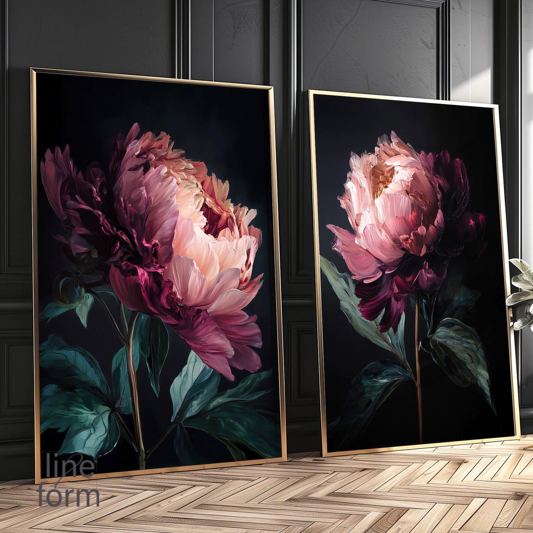 Dark Moody Peony Art Print Set: Abstract Floral Wall Decor - Etsy