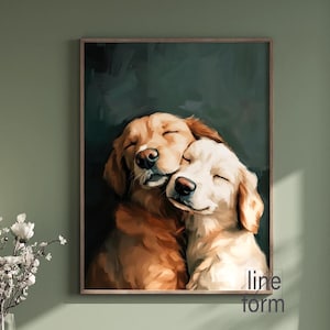 Cute Golden Retrievers Wall Art Dog Print Wall Art Oil Painting Vintage Dog Print Gift for Dog Lovers Dogs Poster Antique Print