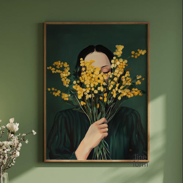 Emerald Green Woman with Mimosa Flowers Art Print: Minimalist Japandi Portrait