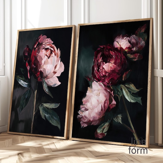 Dark Moody Peony Art Print Set: Abstract Floral Wall Decor