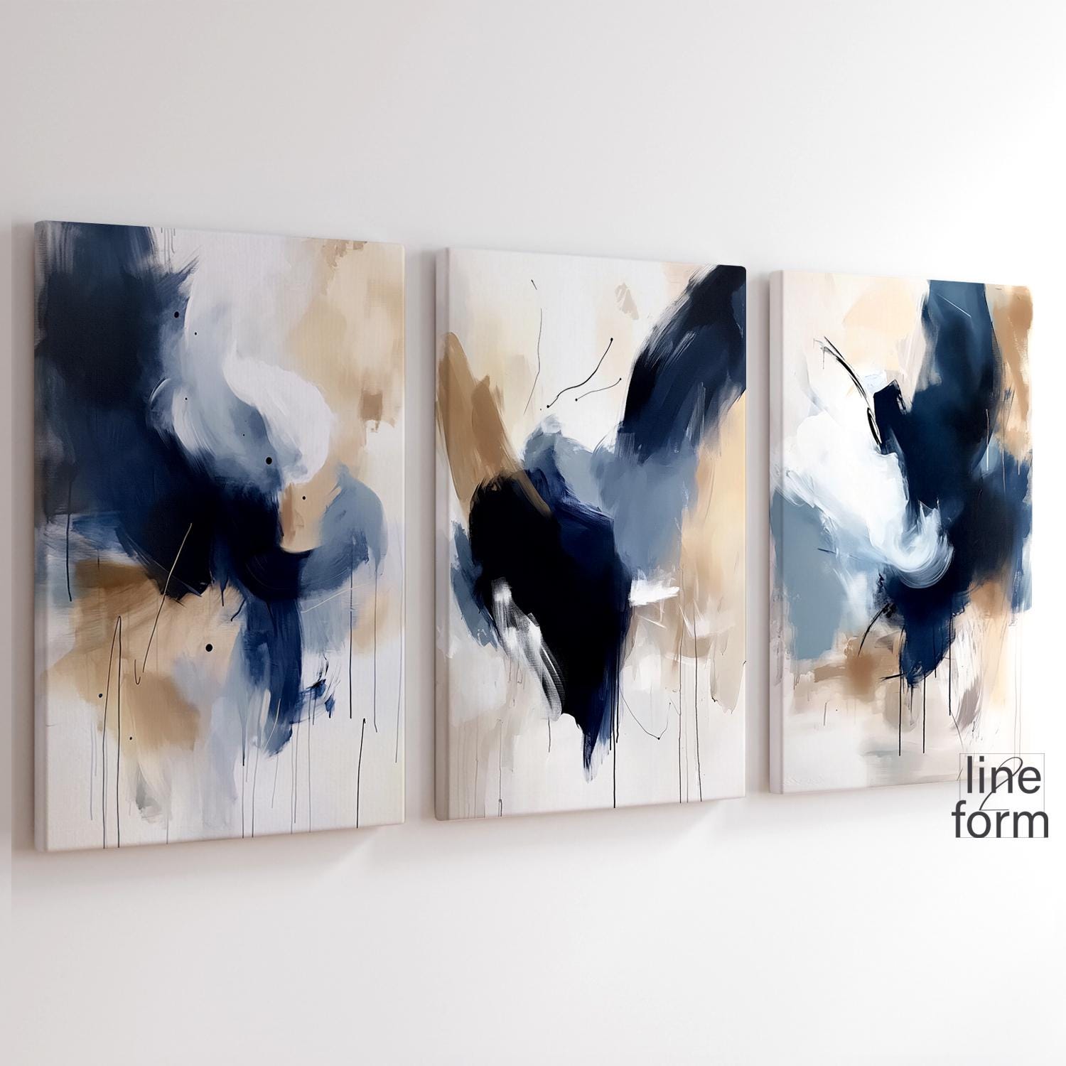 Marineblau Abstrakte Wandkunst Set von 3 Drucken Herunterladbare Marineblau Beige Nordische Drucke Moderne abstrakte Kunst Marineblaue Wandkunst