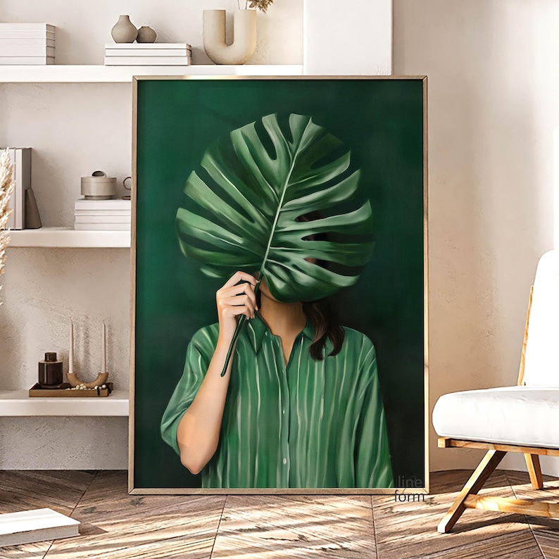 Emerald Green Woman With Monstera Leaf Art Print: Minimalist Japandi ...