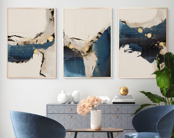 Navy Blue Abstract Wall Art Set of 3 Prints Downloadable Navy Blue Beige Gold Nordic Prints Modern Abstract Art Navy Blue Wall Art